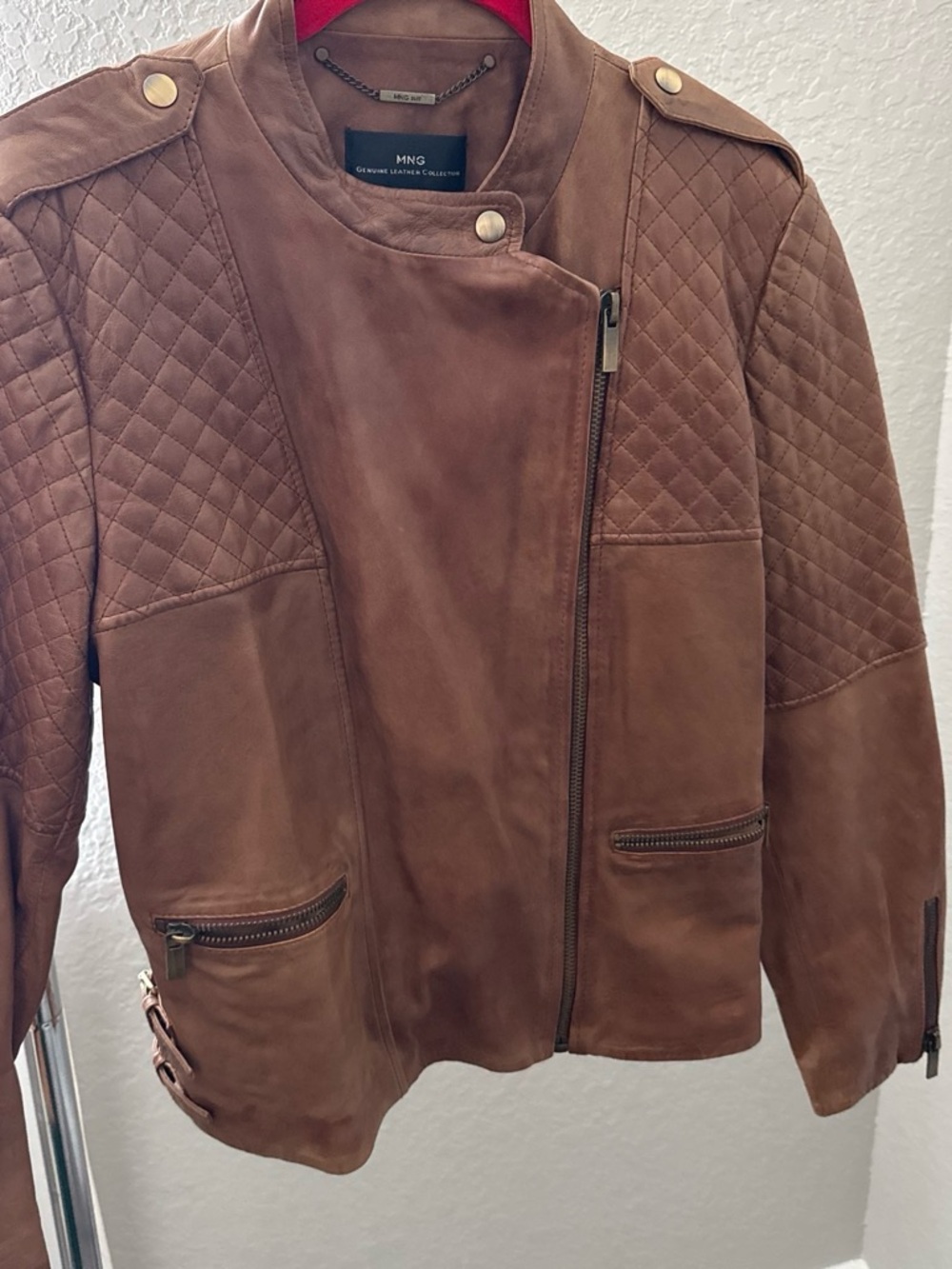 Mango Brown Quilted Leather Moto Jacket